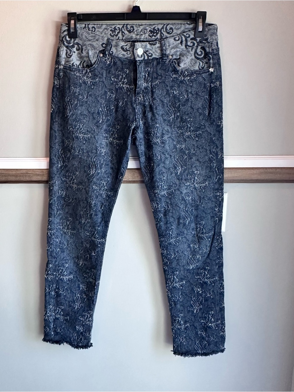 Escada Sport Blue Paisley Brocade Straight leg Raw Hem Jeans